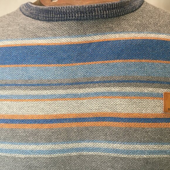 Bench Men's Blue Gray Yellow Stripe Crew Neck Sweater Size L Large Tight Knit - Picture 13 of 16
